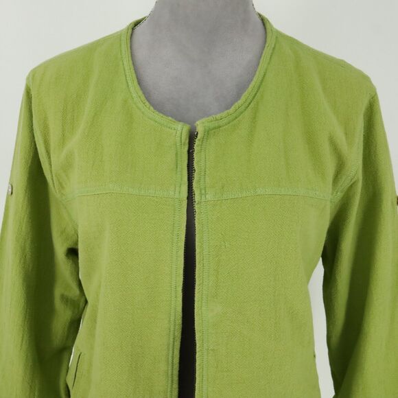 Chicos Jacket 1 Womens Medium 8 Green Full Zip Pockets Roll Tab Sleeve FLAW - Picture 8 of 16